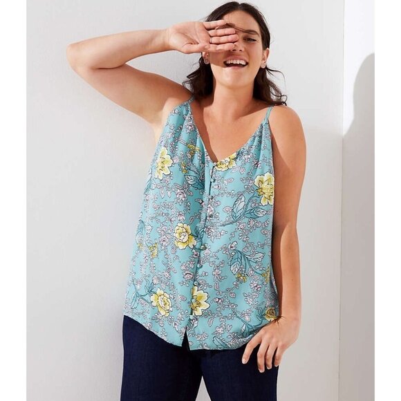LOFT Top Floral Print Sleeveless V Neck Button Cami Tank Strappy - Picture 1 of 11